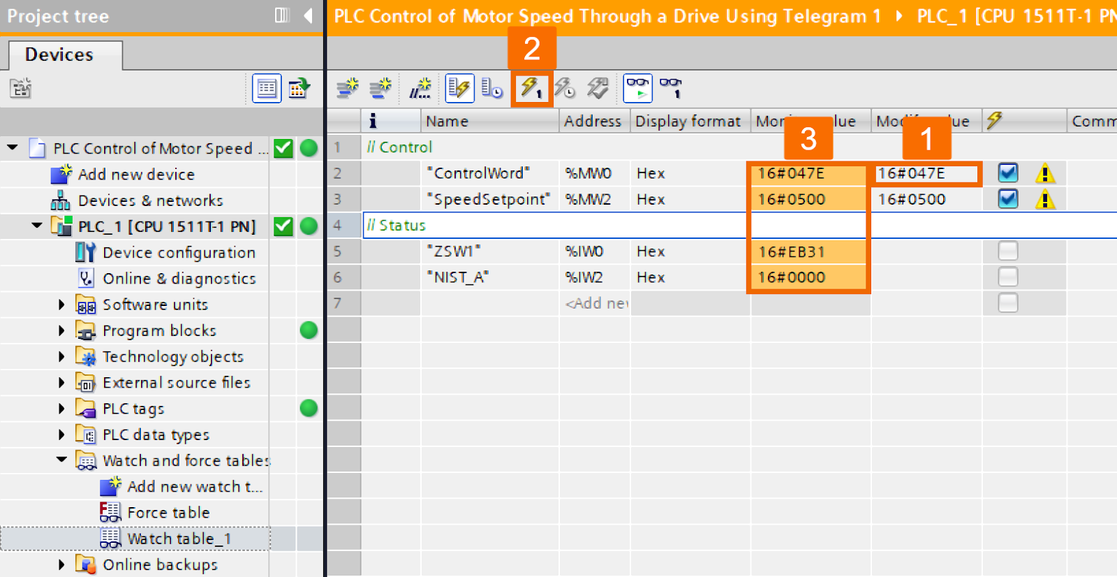 Figure 5.8 - Siemens SINAMICS S200 Servo Drive System | PLC control of motor speed through a drive using Telegram 1 - Deactivating servo drive