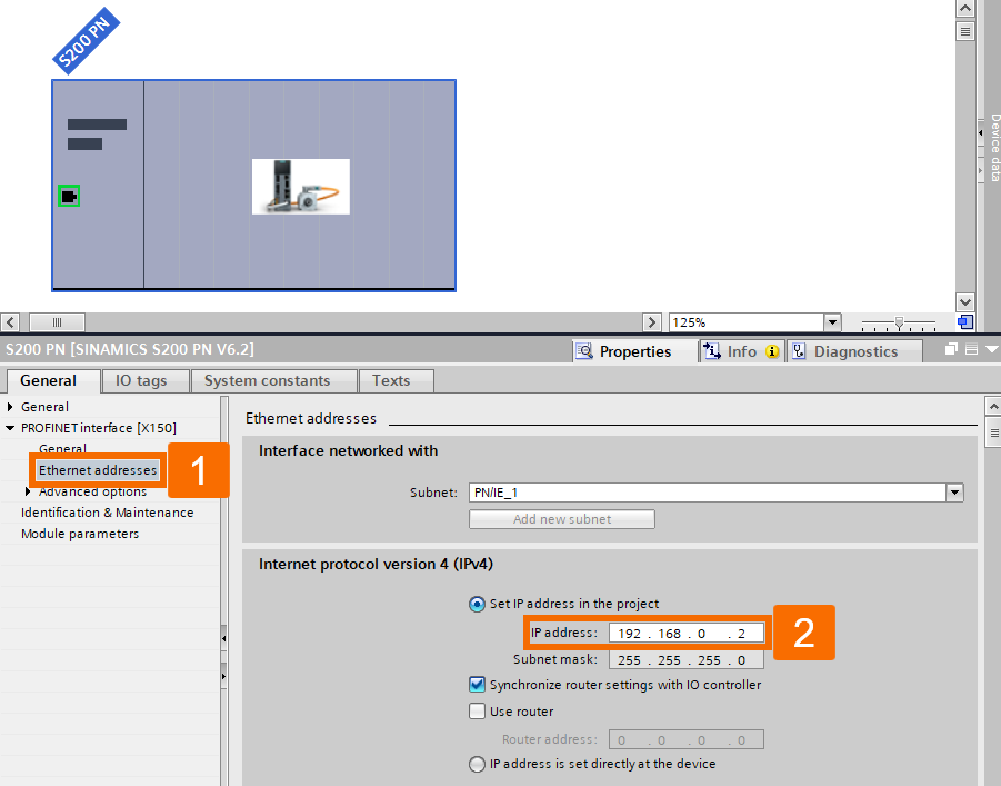 Figure 4.9 - Siemens SINAMICS S200 Servo Drive System | PLC control of motor speed through a drive using Telegram 1 - Servo drive communication setting