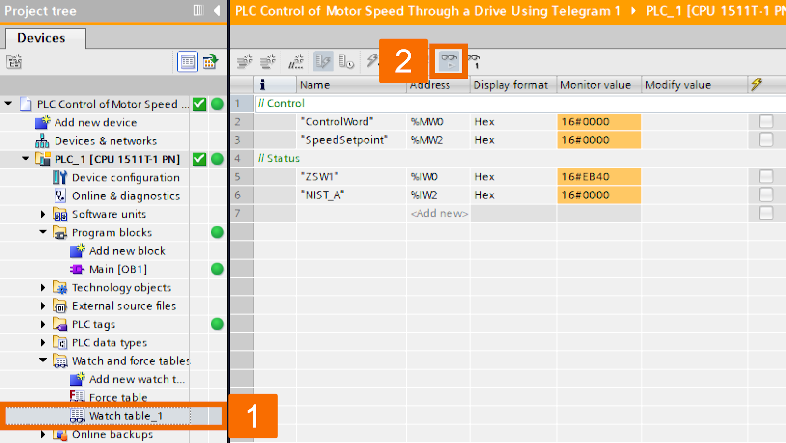 Figure 5.5 - Siemens SINAMICS S200 Servo Drive System | PLC control of motor speed through a drive using Telegram 1 - Bringing the watch table into online mode