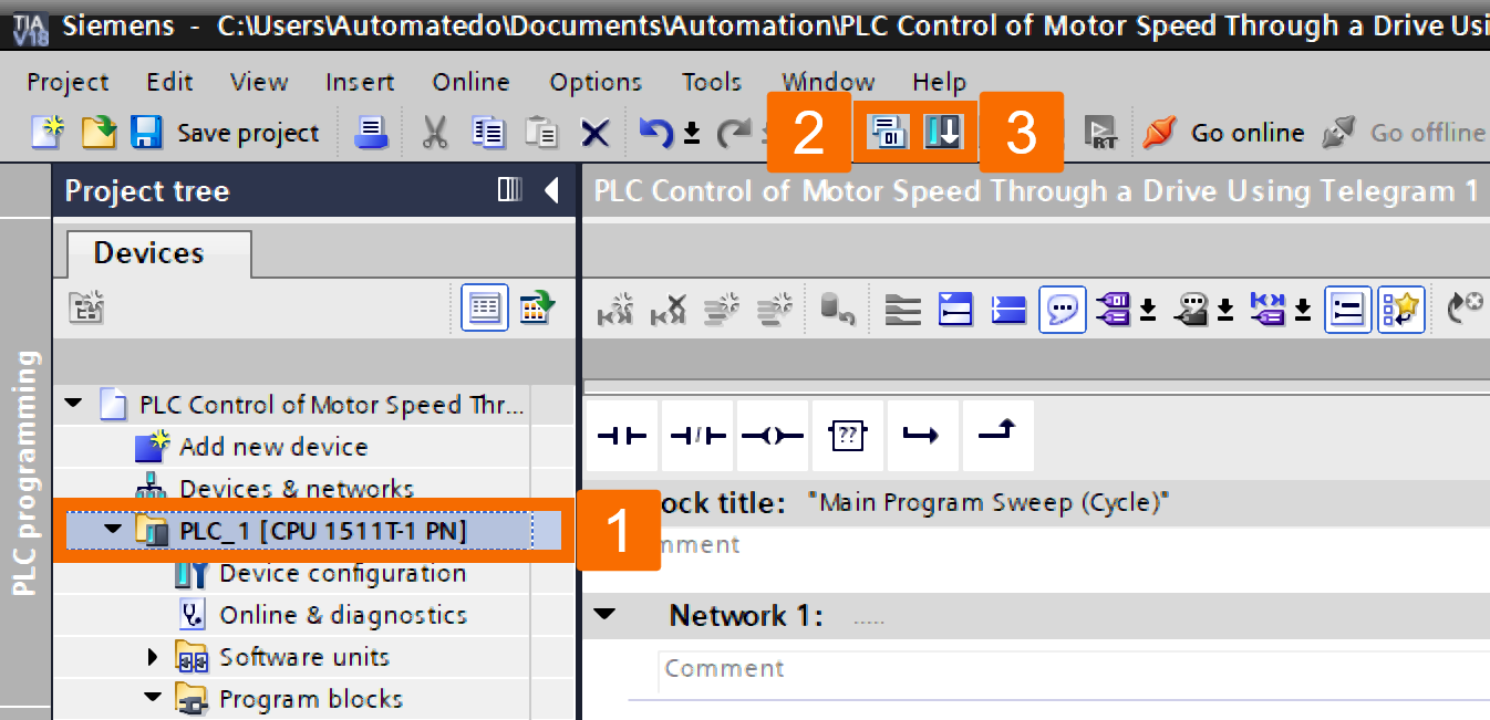 Figure 5.4 - Siemens SINAMICS S200 Servo Drive System | PLC control of motor speed through a drive using Telegram 1 - Compiling and downloading the project