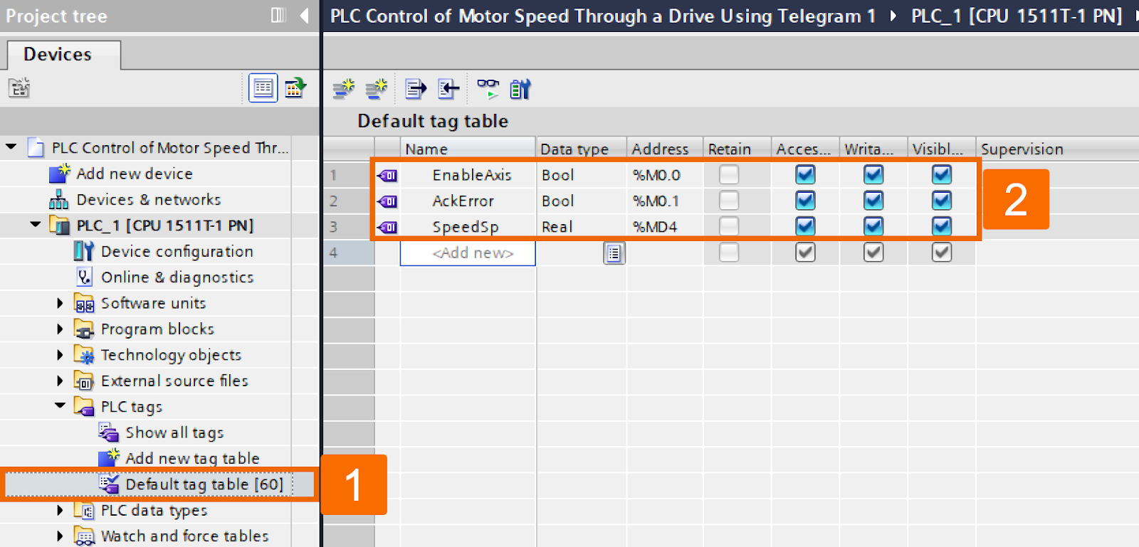 Figure 6.1 - Siemens SINAMICS S200 Servo Drive System | PLC control of motor speed through a drive using Telegram 1 - Generating tags for programming logic