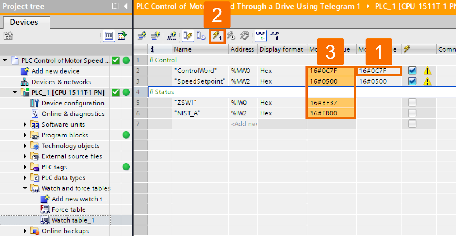 Figure 5.9 - Siemens SINAMICS S200 Servo Drive System | PLC control of motor speed through a drive using Telegram 1 - Activating servo drive in the opposite direction