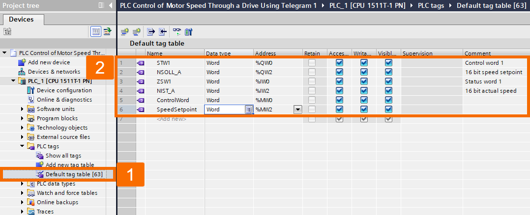 Figure 5.1 - Siemens SINAMICS S200 Servo Drive System | PLC control of motor speed through a drive using Telegram 1 - Creating tags for programming logic