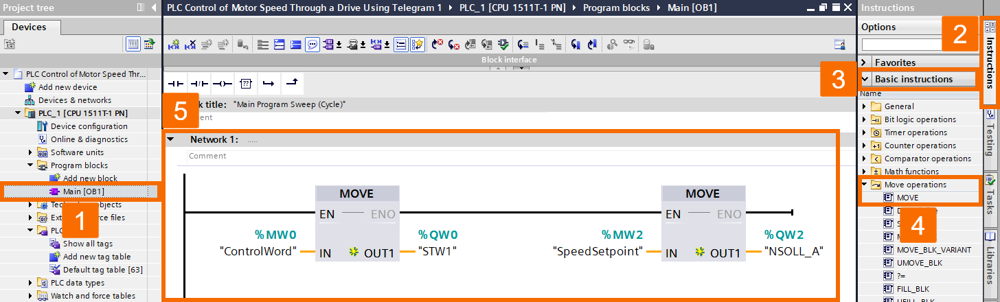 Figure 5.2 - Siemens SINAMICS S200 Servo Drive System | PLC control of motor speed through a drive using Telegram 1 - Programming logic using Move instruction