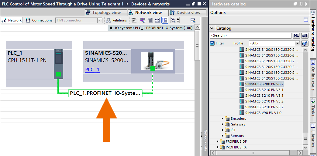 Figure 4.5 - Siemens SINAMICS S200 Servo Drive System | PLC control of motor speed through a drive using Telegram 1 - Establishing a connection between PLC and servo drive