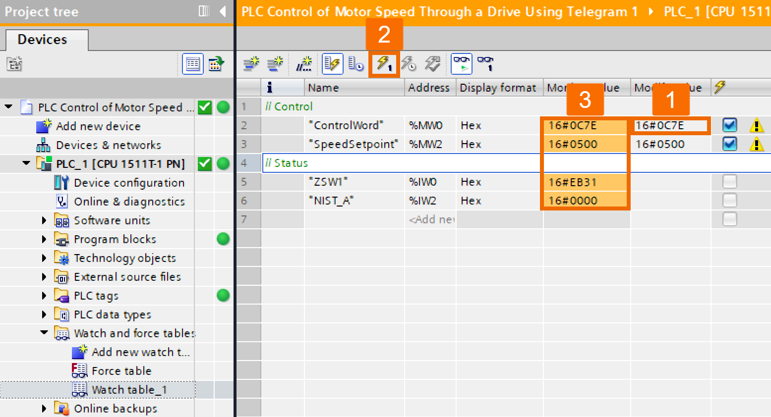 Figure 5.10 - Siemens SINAMICS S200 Servo Drive System | PLC control of motor speed through a drive using Telegram 1 - Deactivating servo drive using different control word value