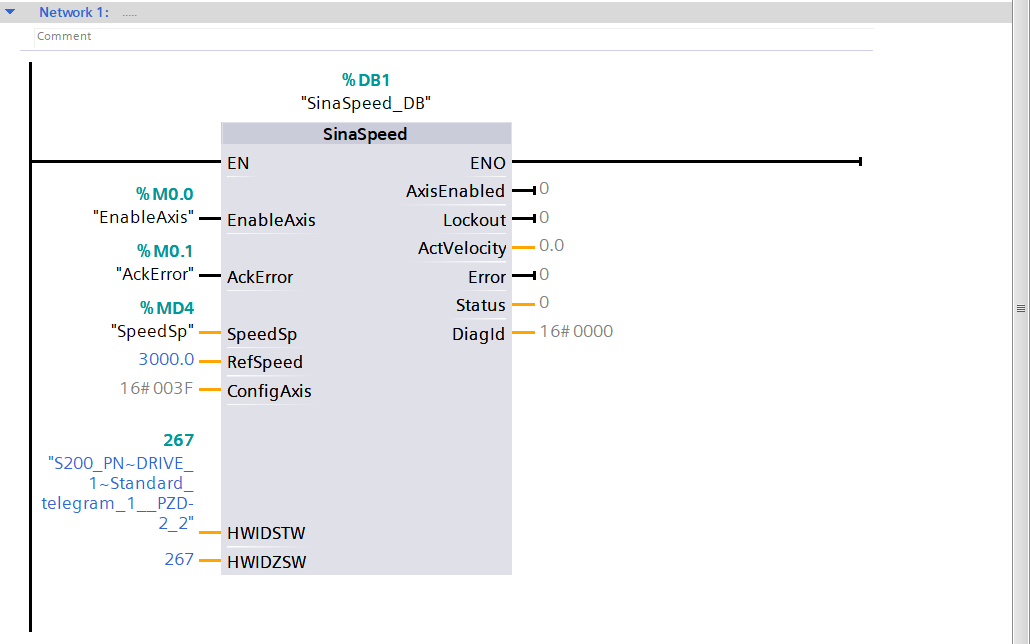 Figure 6.4 - Siemens SINAMICS S200 Servo Drive System | PLC control of motor speed through a drive using Telegram 1 - Configuring SinaSpeed function block