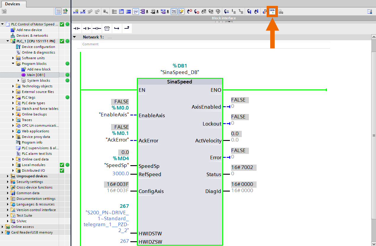 Figure 6.5 - Siemens SINAMICS S200 Servo Drive System | PLC control of motor speed through a drive using Telegram 1 - Bringing the logic to online mode