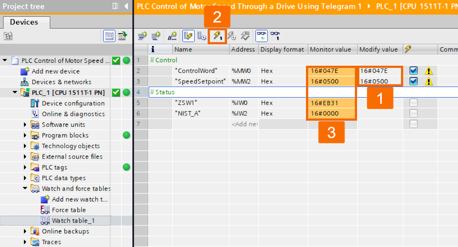 Figure 5.6 - Siemens SINAMICS S200 Servo Drive System | PLC control of motor speed through a drive using Telegram 1 - Modifying the control word and speed setpoint