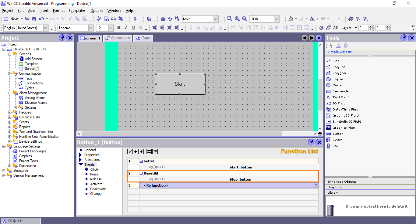 Figure 4.14 - Siemens SIMATIC WinCC flexible | Adding a second event function