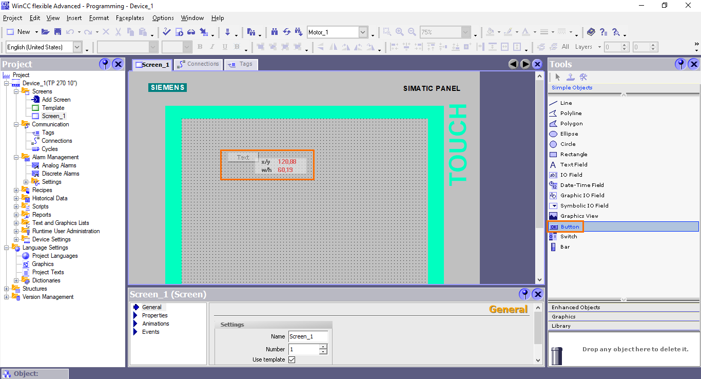 Figure 4.3 - Siemens SIMATIC WinCC flexible | Adding a button