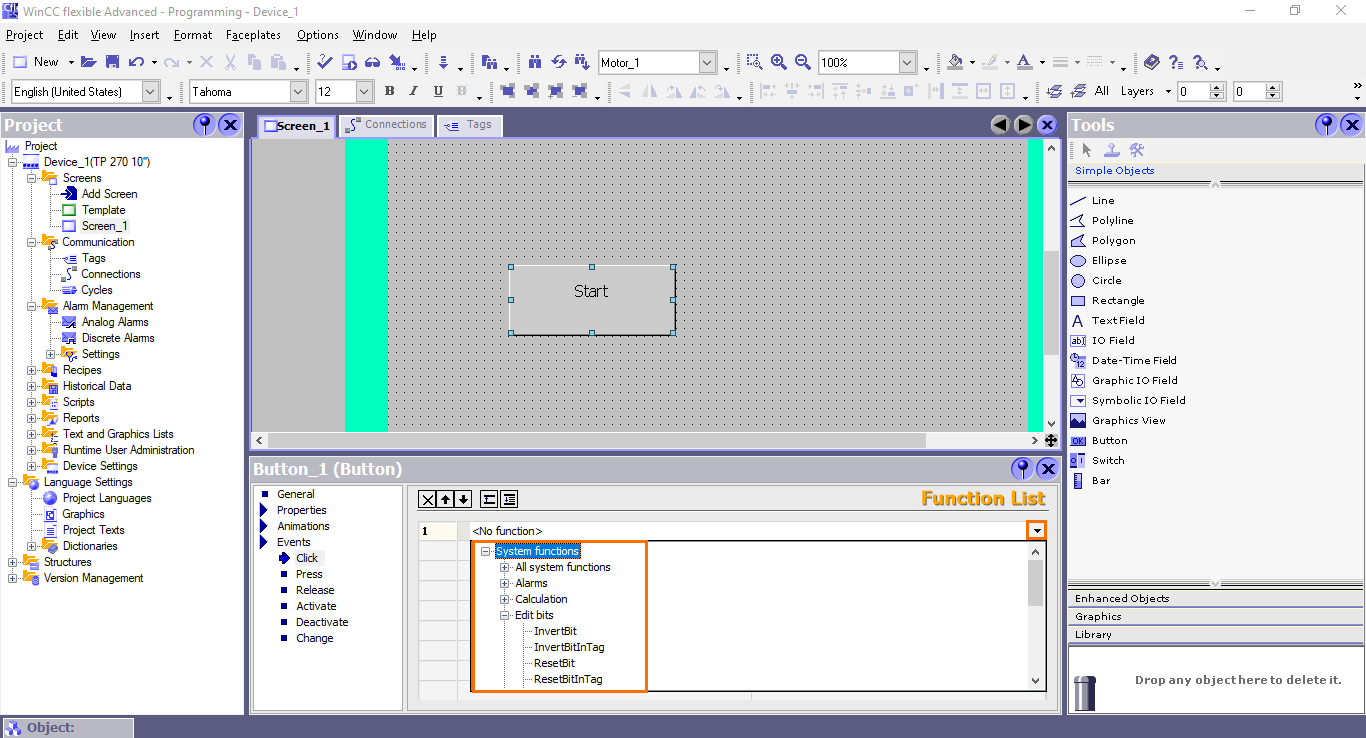 Figure 4.9 - Siemens SIMATIC WinCC flexible | Event functions list