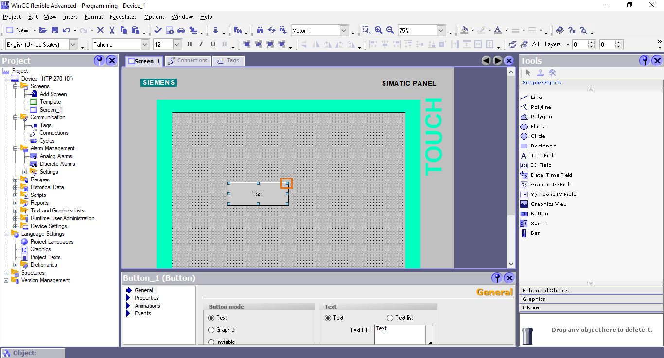 Figure 4.5 - Siemens SIMATIC WinCC flexible | Enlarging the button