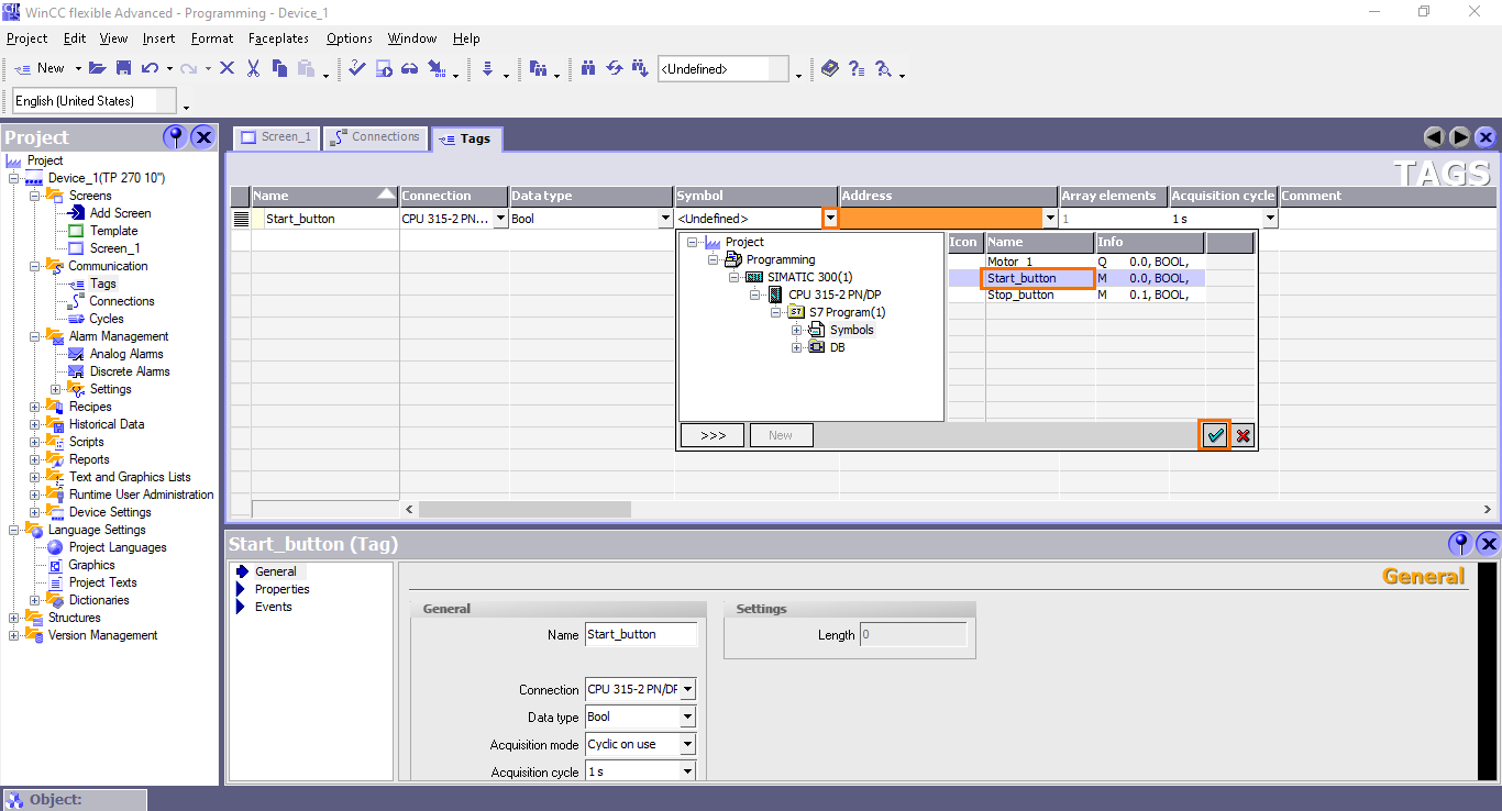 Figure 3.8 - Siemens SIMATIC WinCC flexible | Selecting the “Start_button” symbol