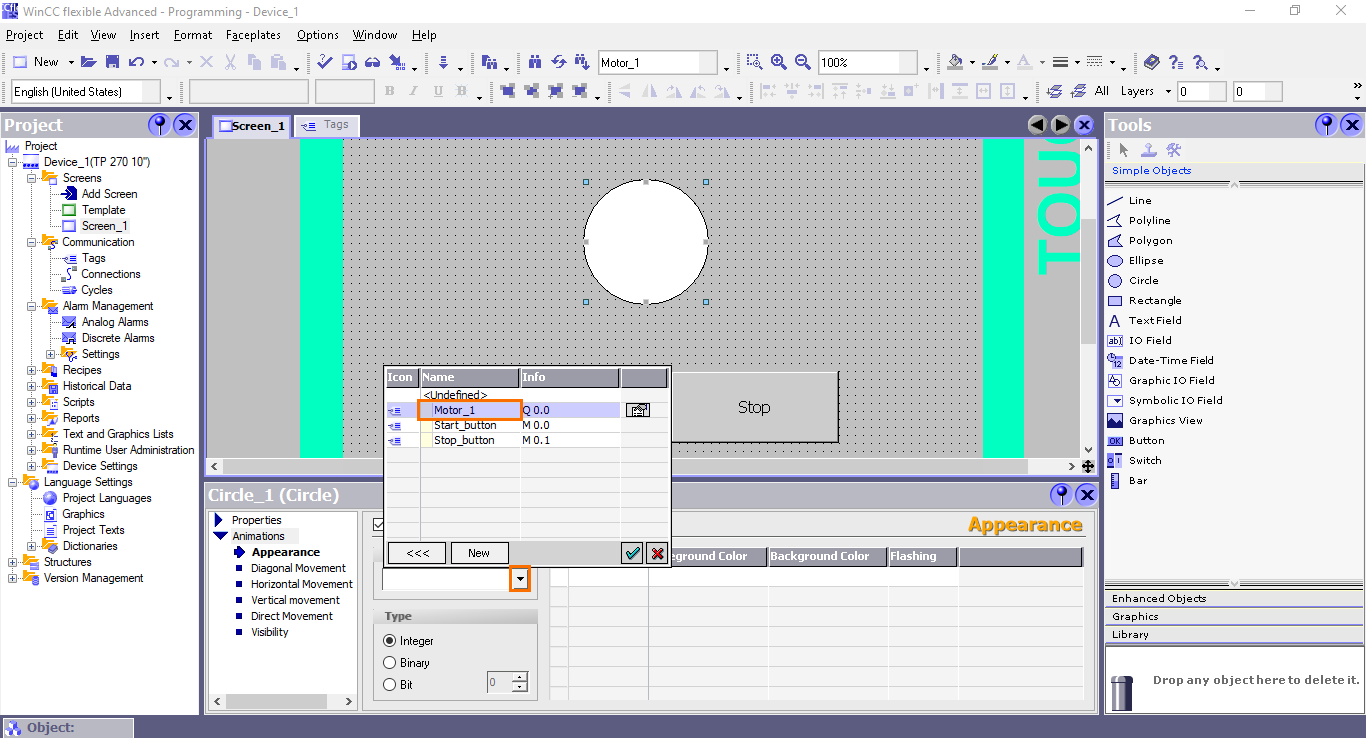 Figure 4.19 - Siemens SIMATIC WinCC flexible | Selecting the animation tag