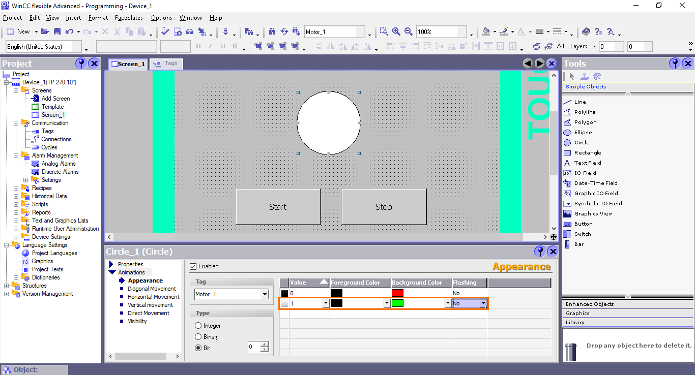 Figure 4.24 - Siemens SIMATIC WinCC flexible | Creating the animation’s second case