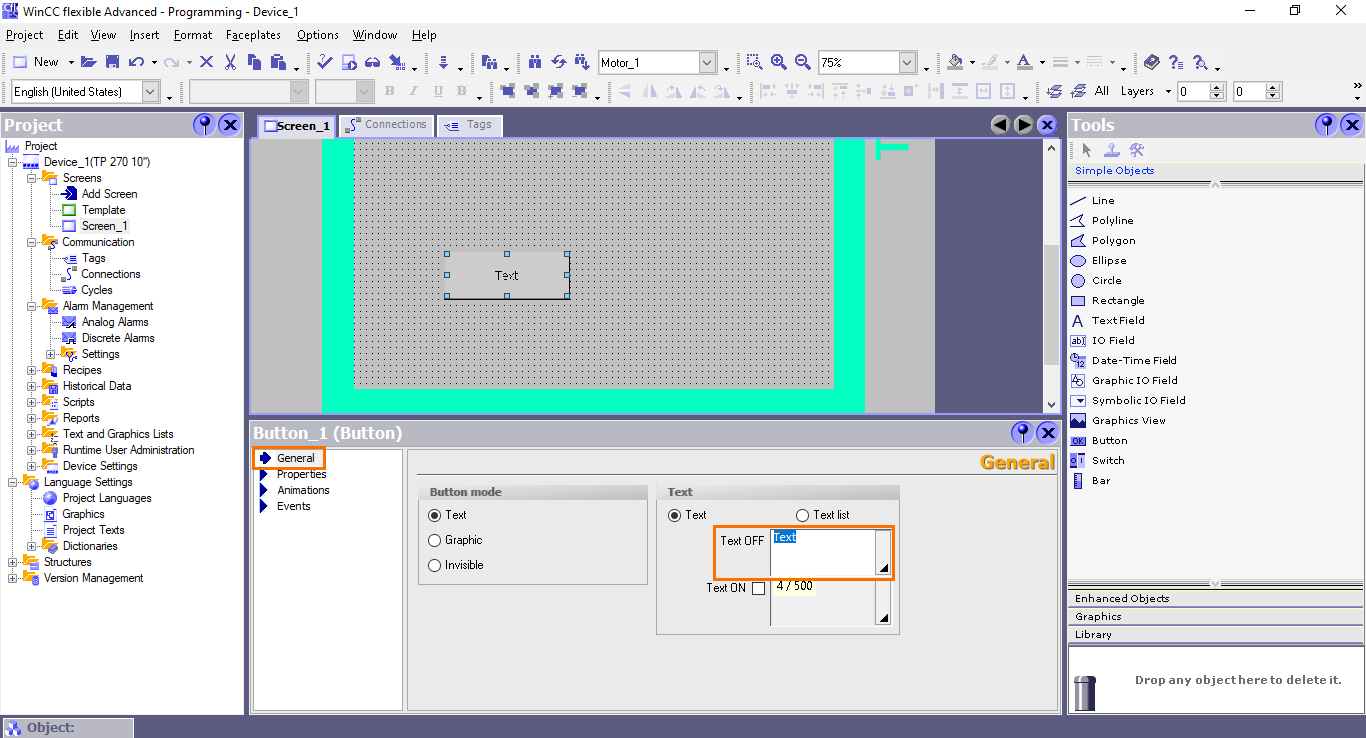 Figure 4.6 - Siemens SIMATIC WinCC flexible | Changing the button’s text