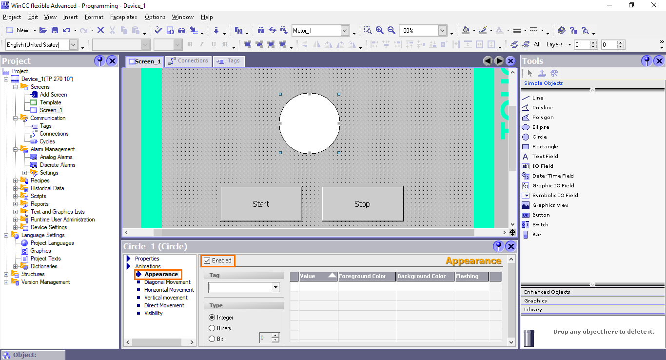 Figure 4.18 - Siemens SIMATIC WinCC flexible | Circle’s appearance properties