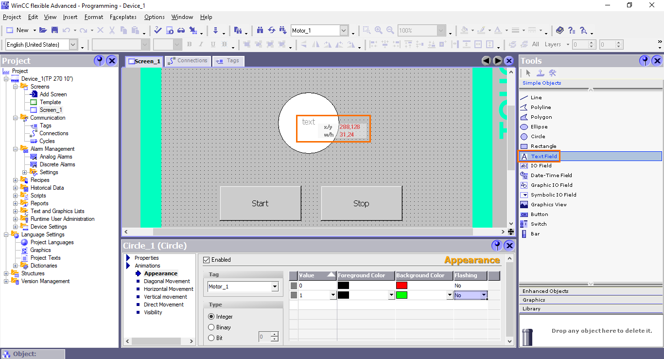 Figure 4.25 - Siemens SIMATIC WinCC flexible | Adding a textfield