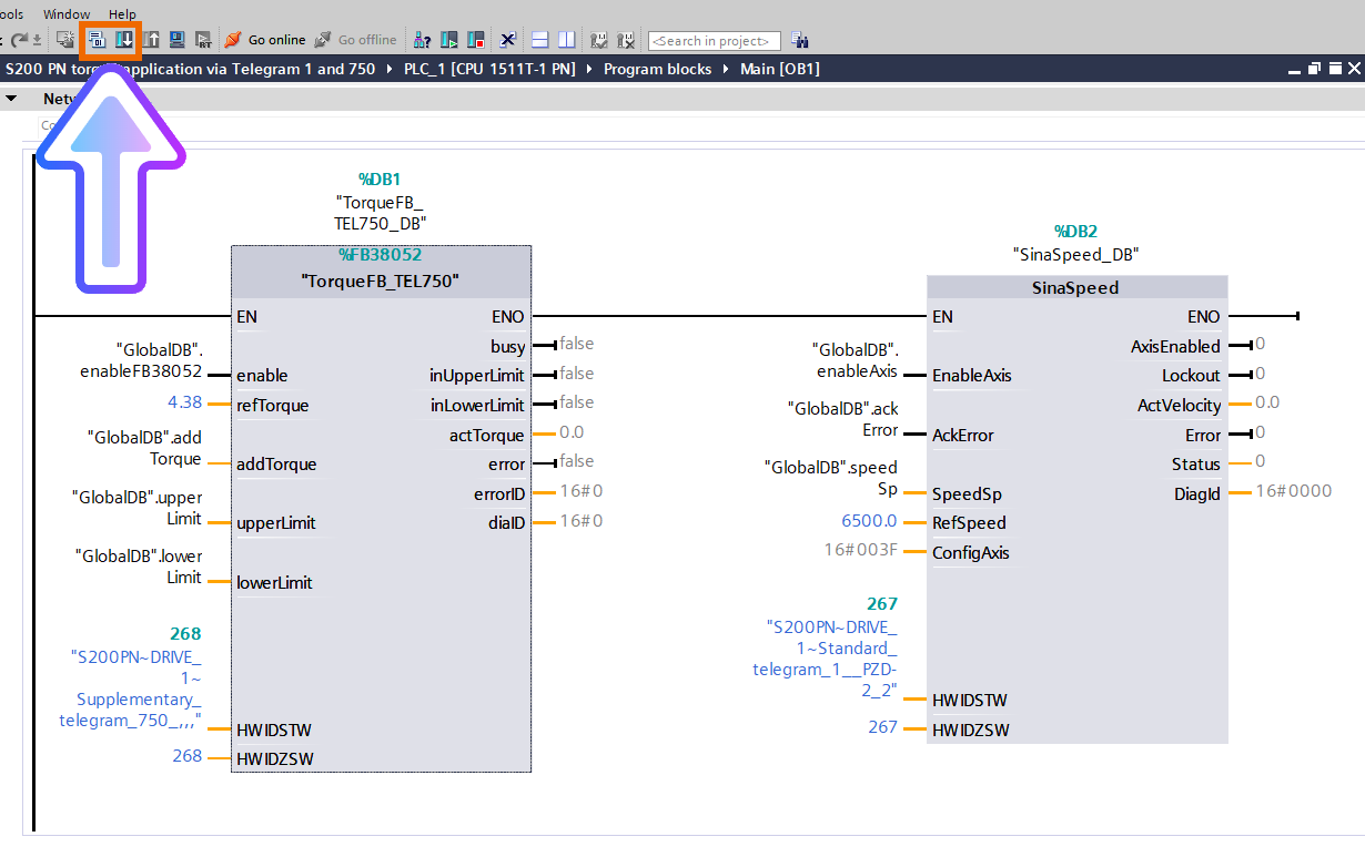 Figure 3.12: Applying torque to Siemens S200 servo drive using function block - Compiling the project and downloading it to the PLC