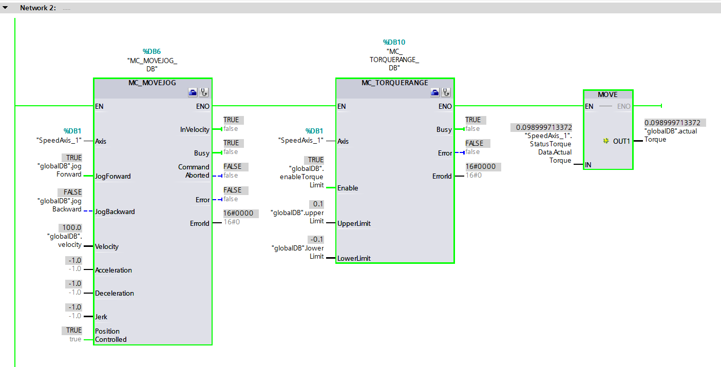 Figure 4.12: Applying torque to Siemens S200 servo drive using speed axis technology object - Altering the motor rotation direction