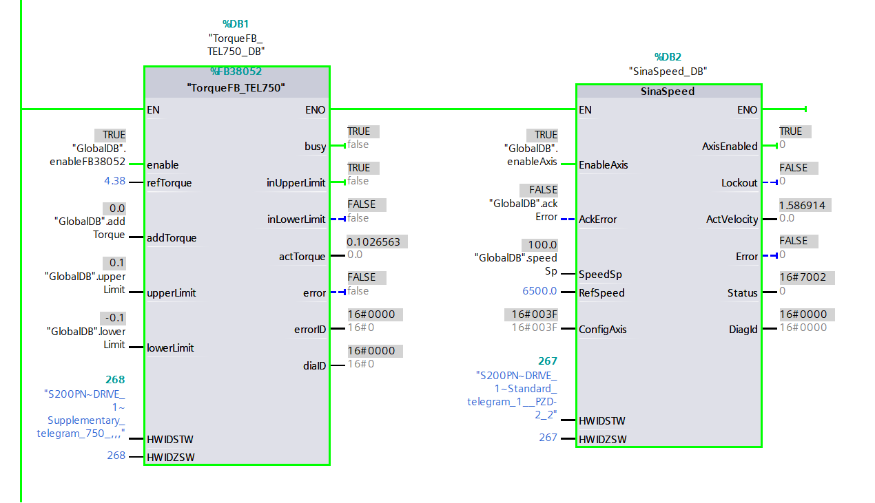 Figure 3.14: Applying torque to Siemens S200 servo drive using function block - Halting the motor