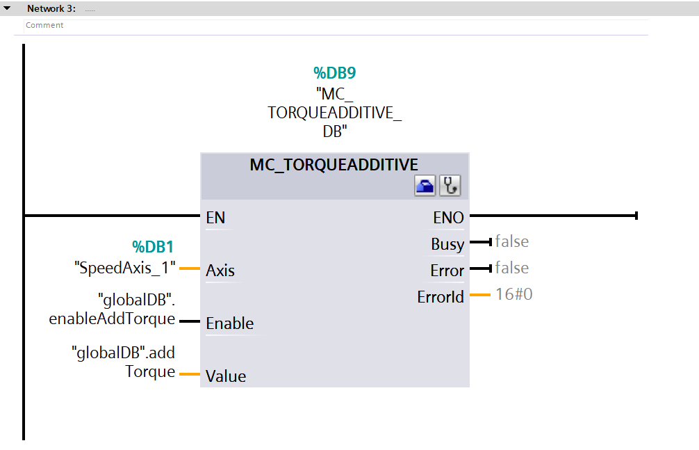 Figure 4.9: Applying torque to Siemens S200 servo drive using speed axis technology object - Creating logic of network 3