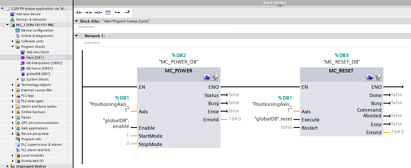 Figure 5.11: Applying torque to Siemens S200 servo drive using position axis technology object - Creating logic of network 1