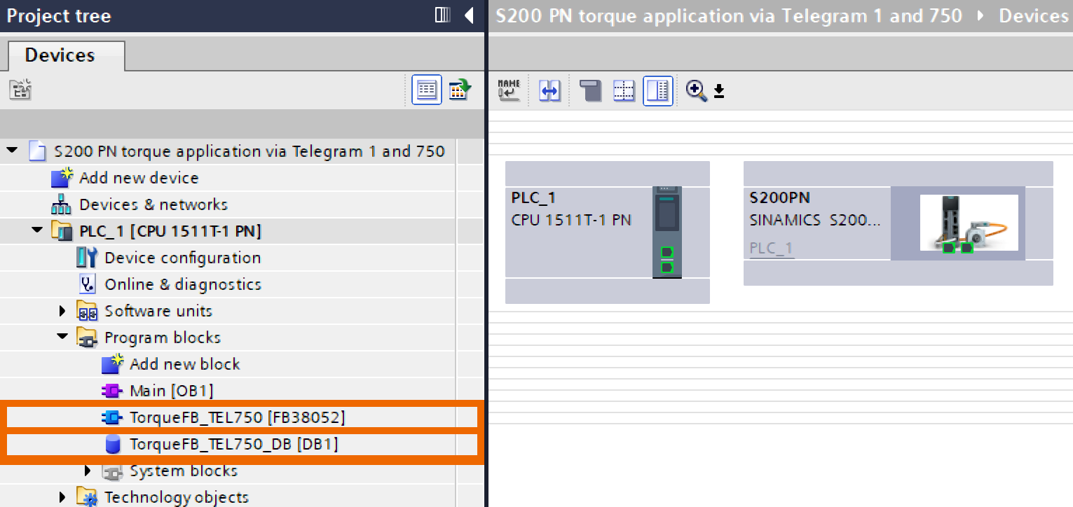 Figure 3.7: Applying torque to Siemens S200 servo drive using function block - Including TorqueFB_TEL750 library into the project