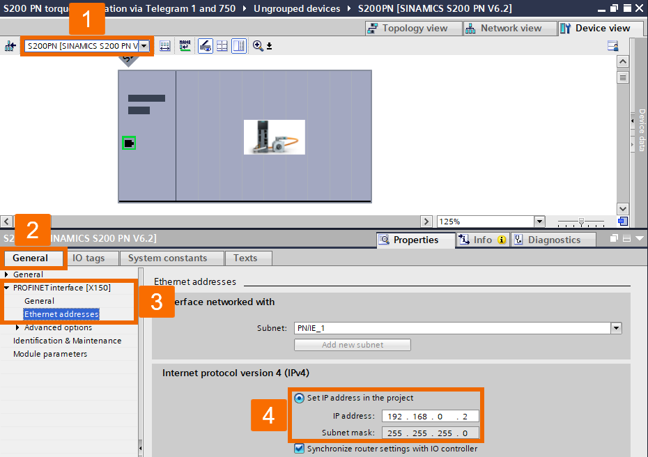 Figure 3.6: Applying torque to Siemens S200 servo drive using function block - Configuring Drive’s IP address