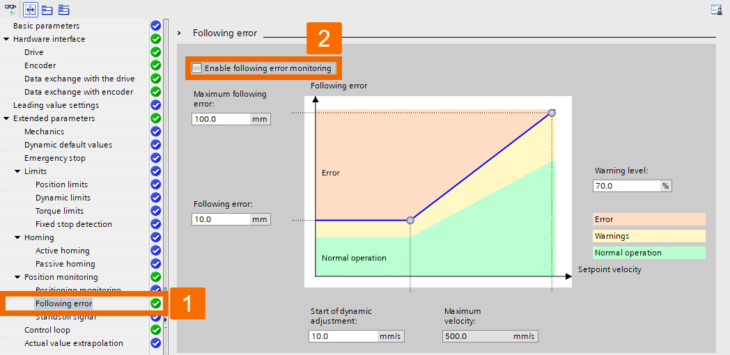 Figure 5.7: Applying torque to Siemens S200 servo drive using position axis technology object - Disabling error monitoring function