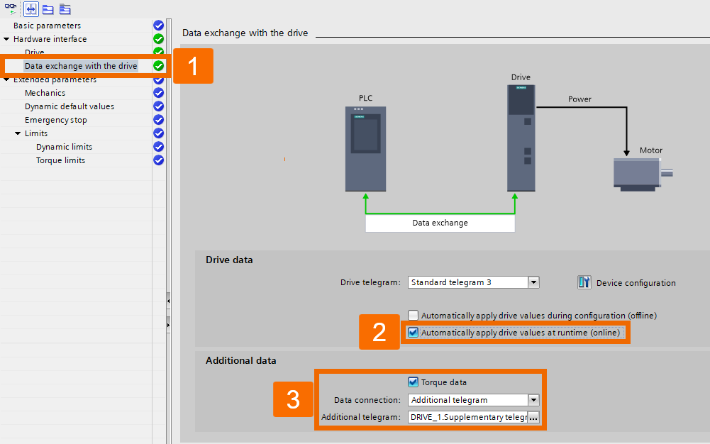 Figure 4.4: Applying torque to Siemens S200 servo drive using speed axis technology object - Configuring data exchange with the drive