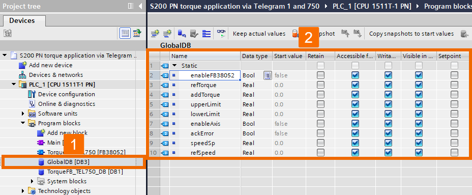 Figure 3.10: Applying torque to Siemens S200 servo drive using function block - Generating related variables for the global data block