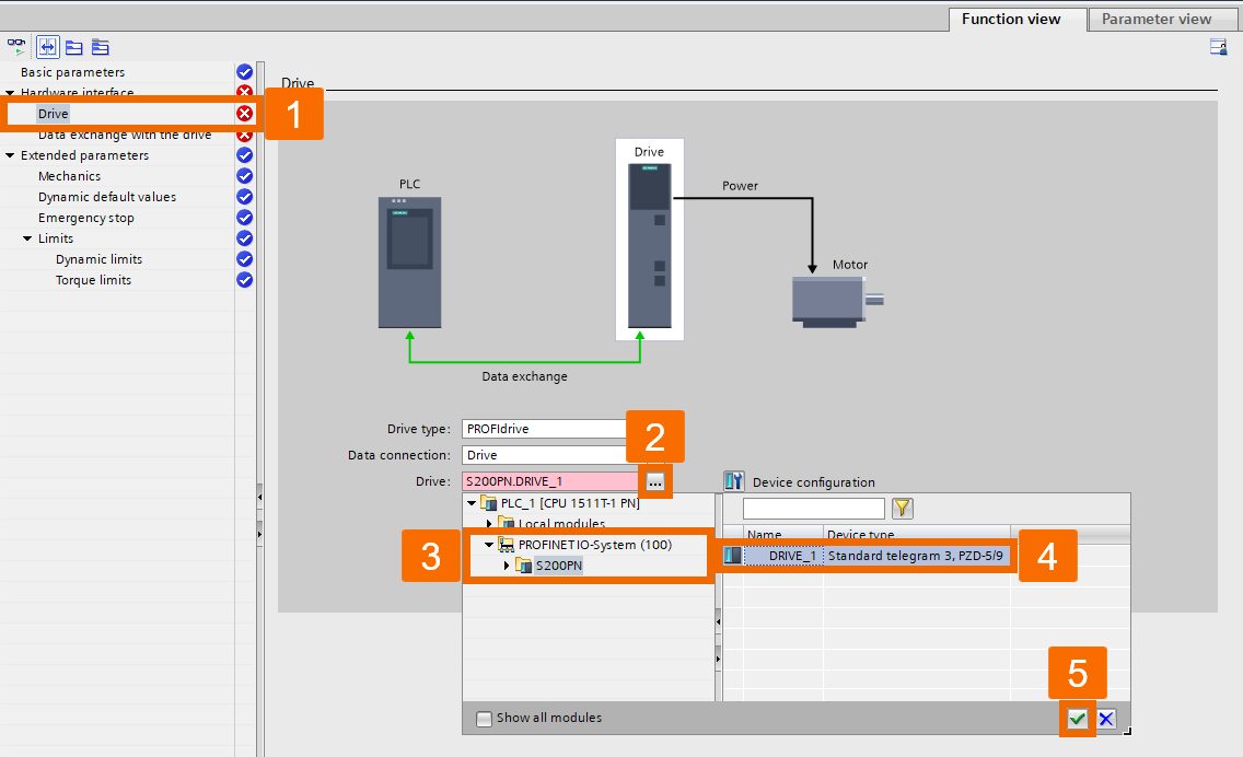 Figure 4.3: Applying torque to Siemens S200 servo drive using speed axis technology object - Configuring drive menu setting