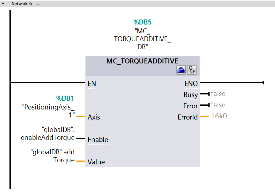 Figure 5.13: Applying torque to Siemens S200 servo drive using position axis technology object - Creating logic of network 3