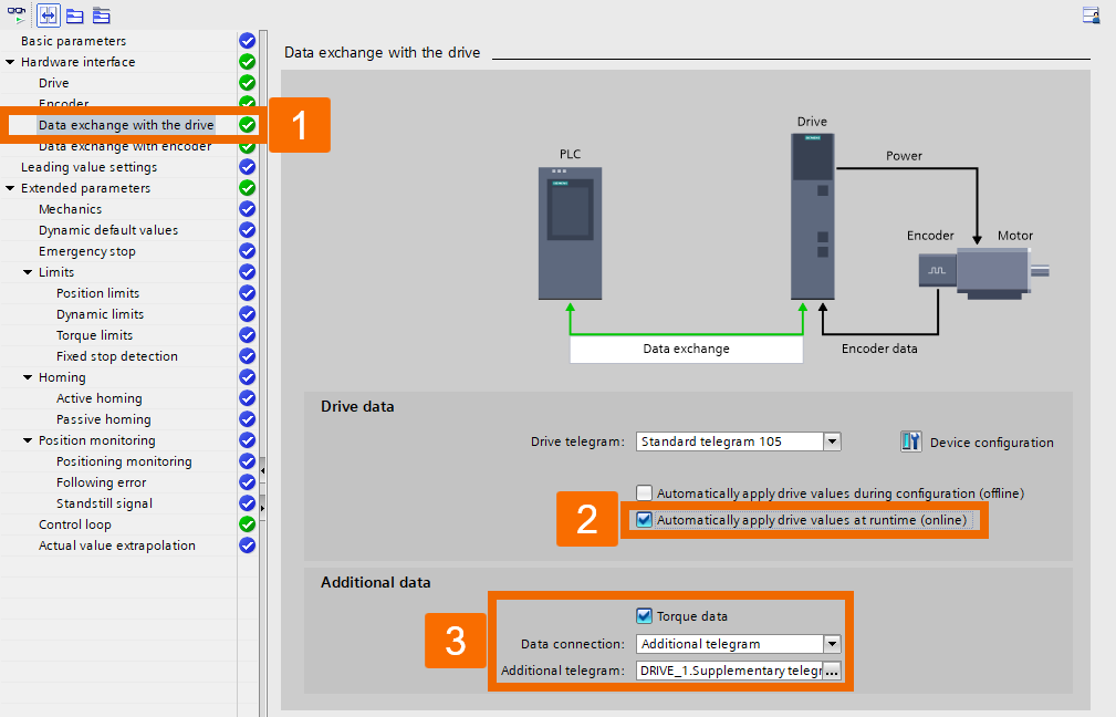 Figure 5.5: Applying torque to Siemens S200 servo drive using position axis technology object - Configuring data exchange with the drive