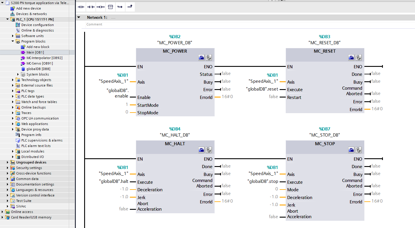 Figure 4.7: Applying torque to Siemens S200 servo drive using speed axis technology object - Creating logic of network 1