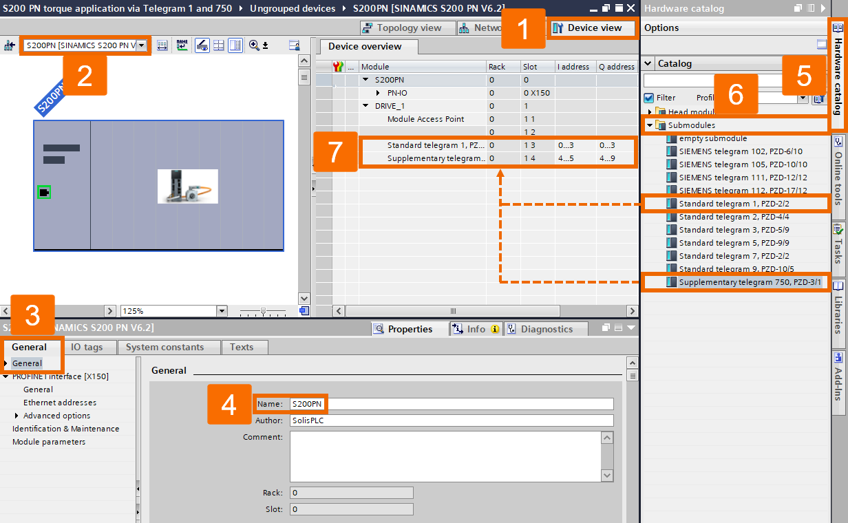 Figure 3.3: Applying torque to Siemens S200 servo drive using function block - Placing Telegram 750 and Telegram 1 into the drive