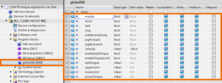 Figure 4.6: Applying torque to Siemens S200 servo drive using speed axis technology object - Generating related variables of global data block