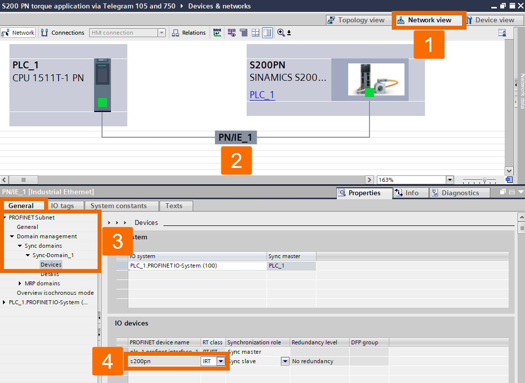 Figure 5.9: Applying torque to Siemens S200 servo drive using position axis technology object - Configuring IRT communication for S200 servo drive