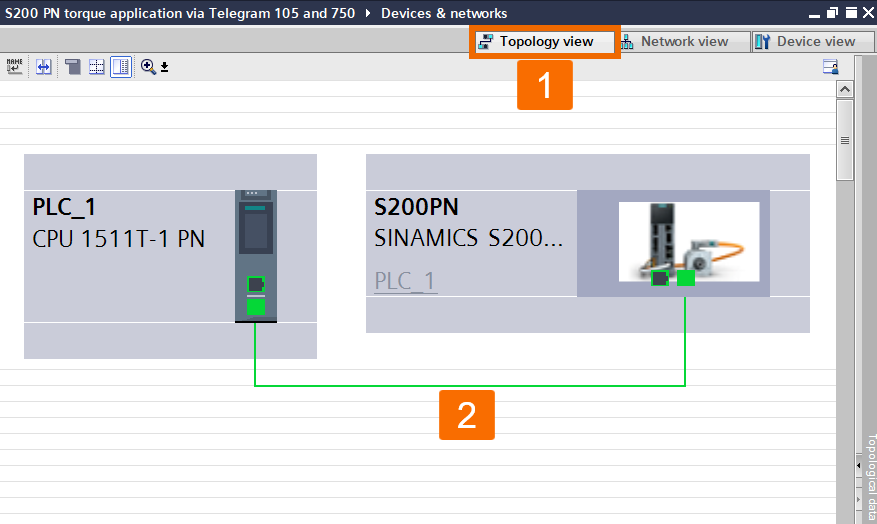 Figure 5.2: Applying torque to Siemens S200 servo drive using position axis technology object - Using the actual connection to configure the topology