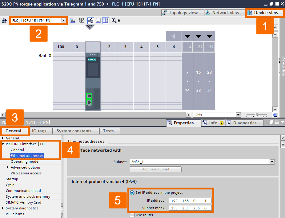 Figure 3.5: Applying torque to Siemens S200 servo drive using function block - Configuring PLC’s IP address