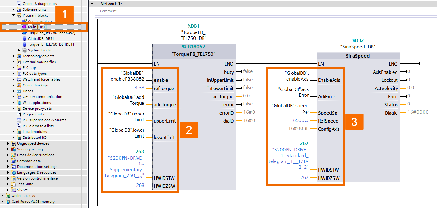 Figure 3.11: Applying torque to Siemens S200 servo drive using function block - Configuring logic of network 1 via related variables of global data block