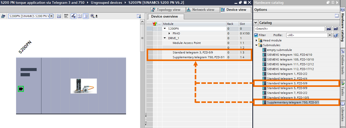 Figure 4.1: Applying torque to Siemens S200 servo drive using speed axis technology object - Placing Telegram 750 and Telegram 3 into the drive