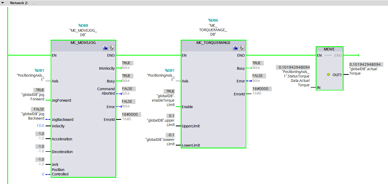 Figure 5.15: Applying torque to Siemens S200 servo drive using position axis technology object - Halting the motor