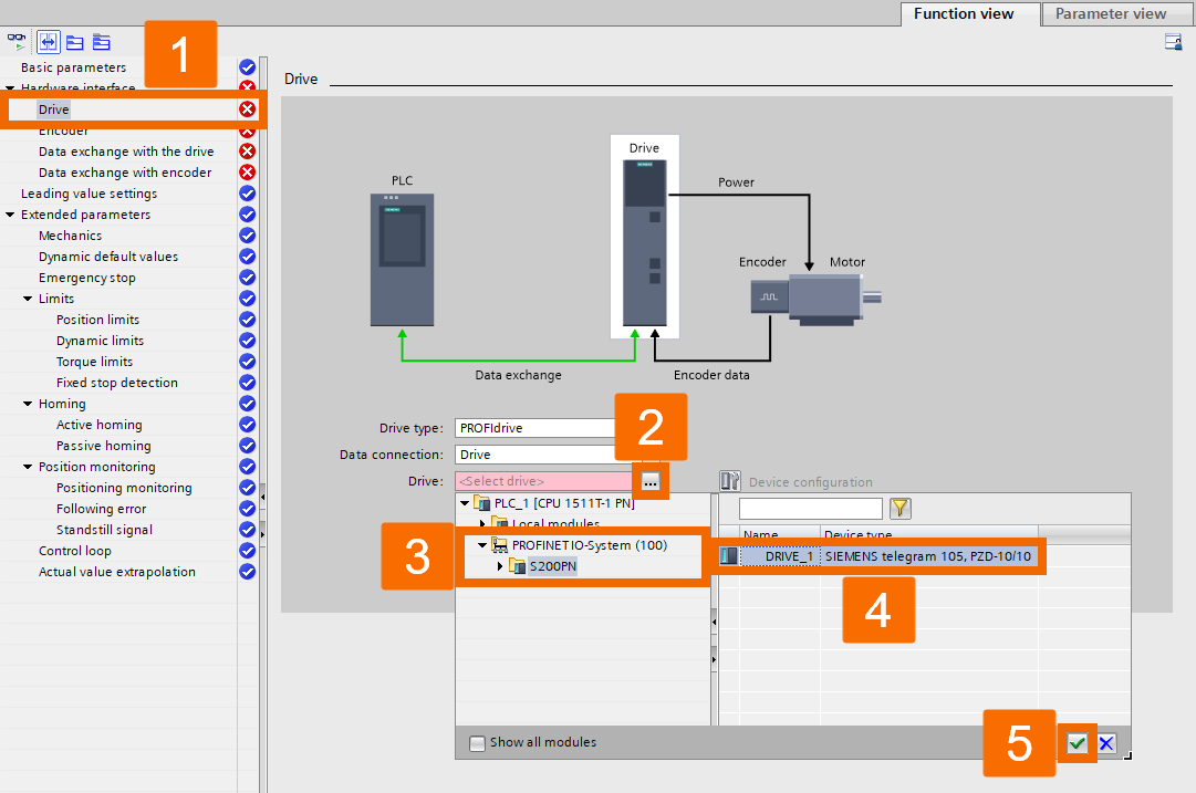 Figure 5.4: Applying torque to Siemens S200 servo drive using position axis technology object - Configuring drive menu setting