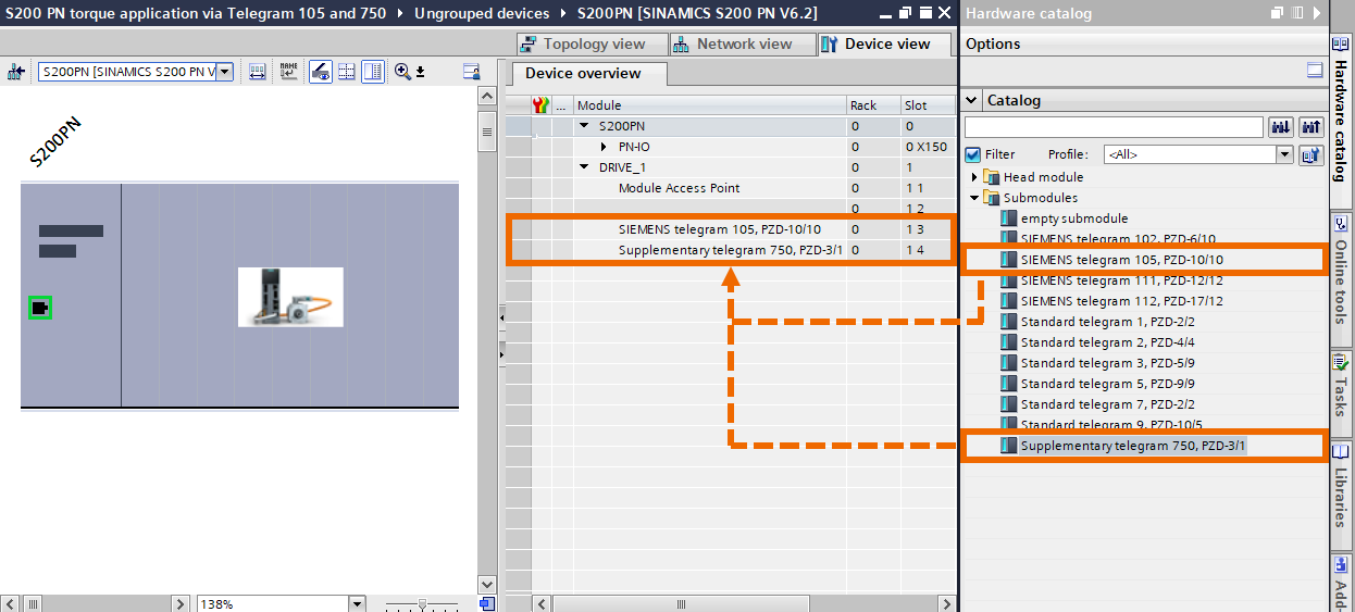 Figure 5.1: Applying torque to Siemens S200 servo drive using position axis technology object - Placing Telegram 750 and Telegram 105 into the drive