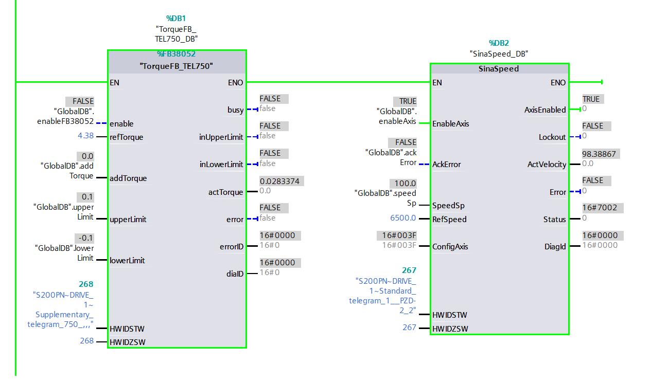 Figure 3.13: Applying torque to Siemens S200 servo drive using function block - Giving the motor a spin