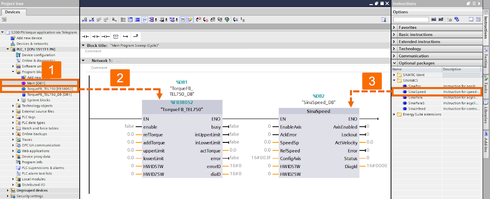 Figure 3.8: Applying torque to Siemens S200 servo drive using function block - Creating network 1’s logic