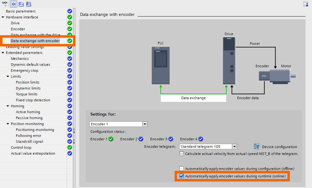 Figure 5.6: Applying torque to Siemens S200 servo drive using position axis technology object - Configuring data exchange with encoder